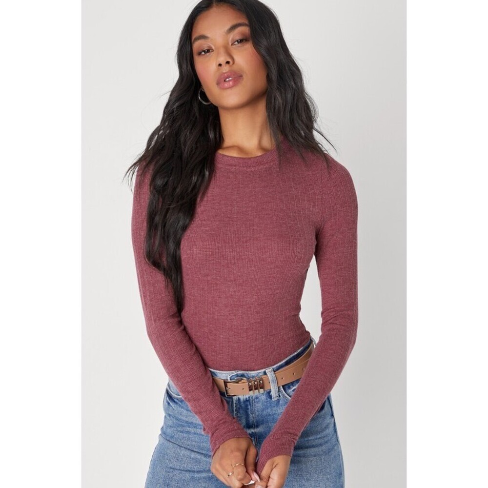 Lulus Essential Fit Heather Mauve Purple Ribbed Knit Long Sleeve Top - Size S